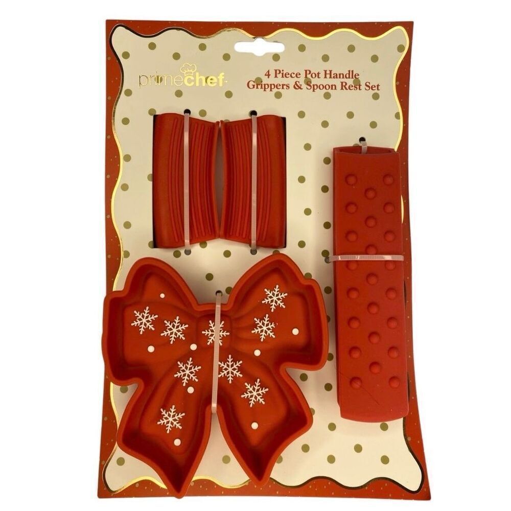 Prime Chef Christmas Pot Handle Grippers Spoon Rest 4 Piece Silicone Set Holiday